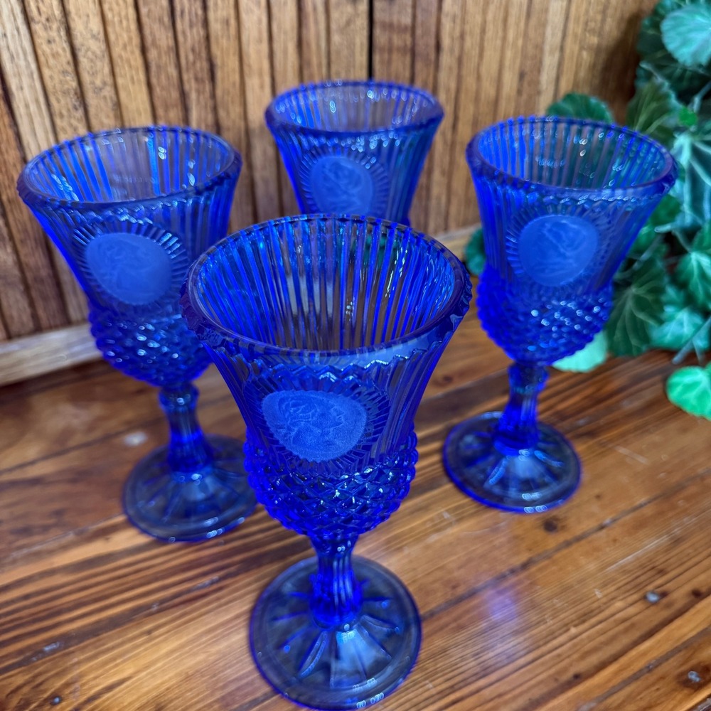 Bicentennial Cobalt Blue Cameo Water Goblets Set 4 George Martha Washington Blue